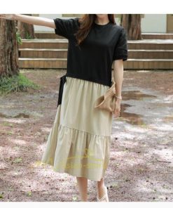 マキシ | 新作 ワンピース ロング丈 半袖 ロンTワンピース 夏ワンピ ロング丈 レイヤード風 異素材切替 ラウンドネック 体型カバー 無地 ゆったり 着痩せ 40代 50代 30代