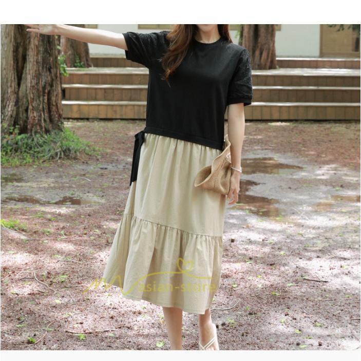 マキシ | 新作 ワンピース ロング丈 半袖 ロンTワンピース 夏ワンピ ロング丈 レイヤード風 異素材切替 ラウンドネック 体型カバー 無地 ゆったり 着痩せ 40代 50代 30代