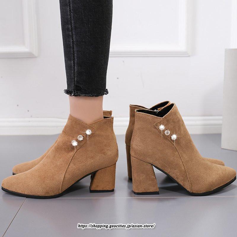 ブーツ | ショートブーティ レディース スエード調 太めヒール 靴 人工水晶 キラキラ オシャレ お出かけ デート キレイめ 通勤 20代30代40代50代