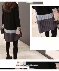ミディアム | ワンピース レディース 40代 ワンピース 秋 きれいめ膝丈ワンピース 上品 長袖 配色プリーツワンピースチュニック 韓国風 通勤 結婚式ドレス お出かけ 着痩せ