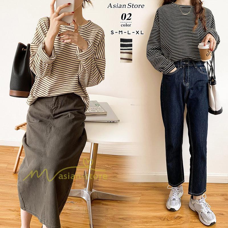 tシャツ・カットソー | Tシャツ レディース トップス 長袖 カットソー ボーダー シンプル ボートネック ストライプ柄 20代30代40代50代 着回し 通勤通学 お出かけ カジュアル 着痩せ