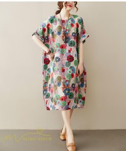 ミディアム | ミディアムワンピース レディース 膝丈 ゆるワンピース 花柄 きれいめ フリーサイズ ゆったり 半袖 麻 綿 リネン 女性着 きれいめ コットン クルーネック 着回し