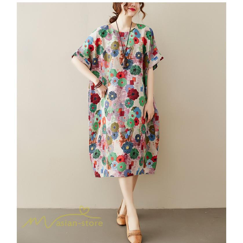 ミディアム | ミディアムワンピース レディース 膝丈 ゆるワンピース 花柄 きれいめ フリーサイズ ゆったり 半袖 麻 綿 リネン 女性着 きれいめ コットン クルーネック 着回し