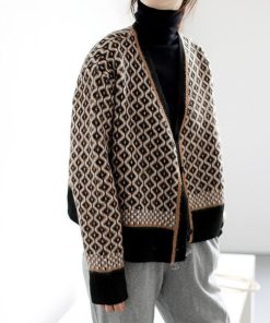 カーディガン | ニットトップス ニット長袖 幾何学柄 配色ダイス柄 羽織り アーガイル柄 春秋冬 ジャガードレディース