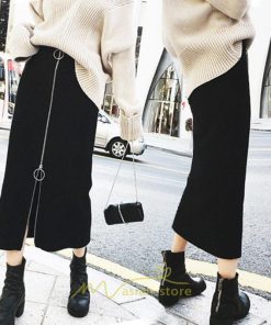 スカート | レディース タイト膝丈ストレッチ ジップアップ ボトムス ファスナー ブラック 無地 シンプル 伸縮性ある生地 膝下丈