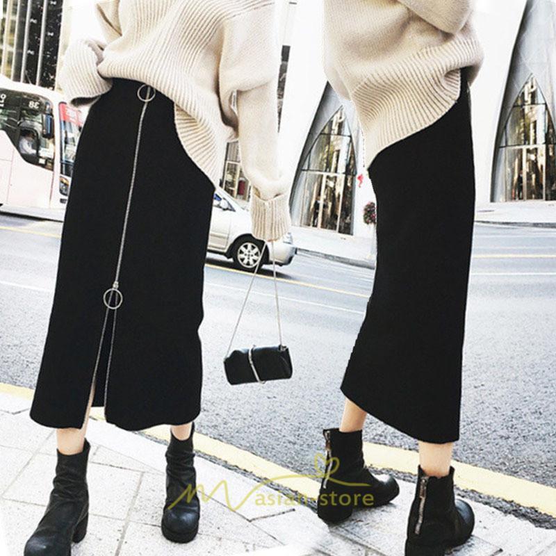 スカート | レディース タイト膝丈ストレッチ ジップアップ ボトムス ファスナー ブラック 無地 シンプル 伸縮性ある生地 膝下丈