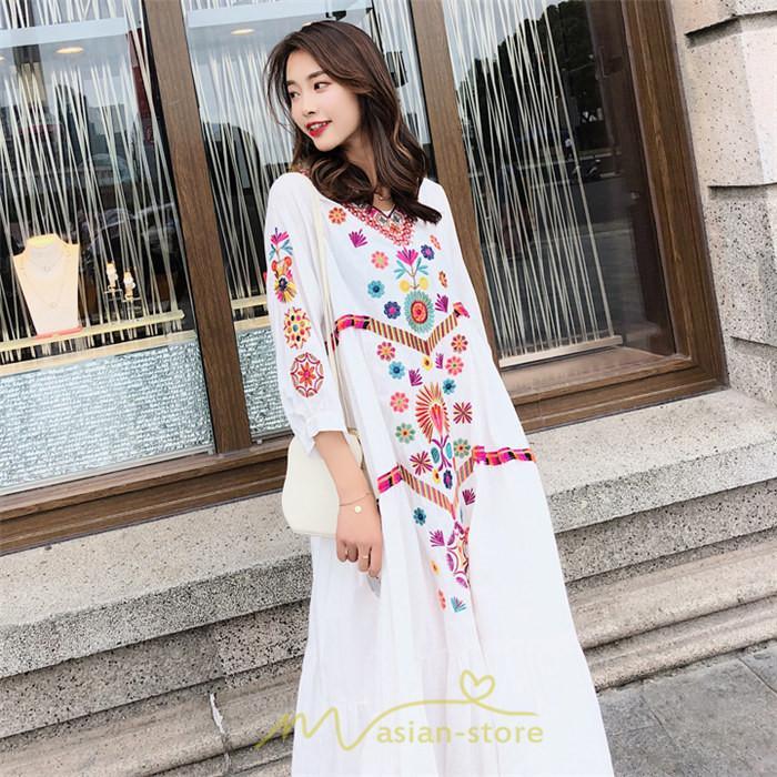 マキシ | ワンピ ワンピース ロング丈 七分袖 レディース 大人 おしゃれ きれいめ お出かけ 大人可愛い 白 青 赤 春夏秋 旅行 20代30代40代 民族風 オレンジ 海