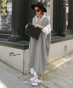 マキシ | ニットベストワンピース レディース 40代 秋冬 ワンピース Vネック ニットロングベスト ニットワンピース ゆったり ひざ下 オシャレ 韓国風 無地カジュアル