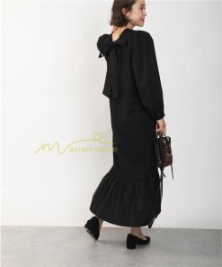 マキシ | 長袖ワンピース ロングワンピース 秋物 レディース Aラインワンピース 30代40代50代 ゆったり 切り替え 後ろリボン 送料無料 キャザー 可愛い 大人