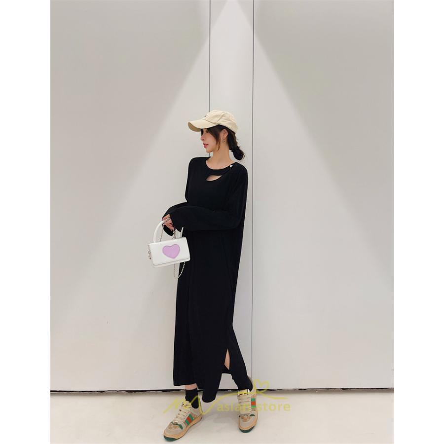 マキシ | 秋ワンピース 黒ワンピース ロングワンピース 秋物 レディース ワンピース 長袖ワンピース 30代40代 裾スリット 着痩せ 秋服 大人 通学通勤 無地 大きいサイズ