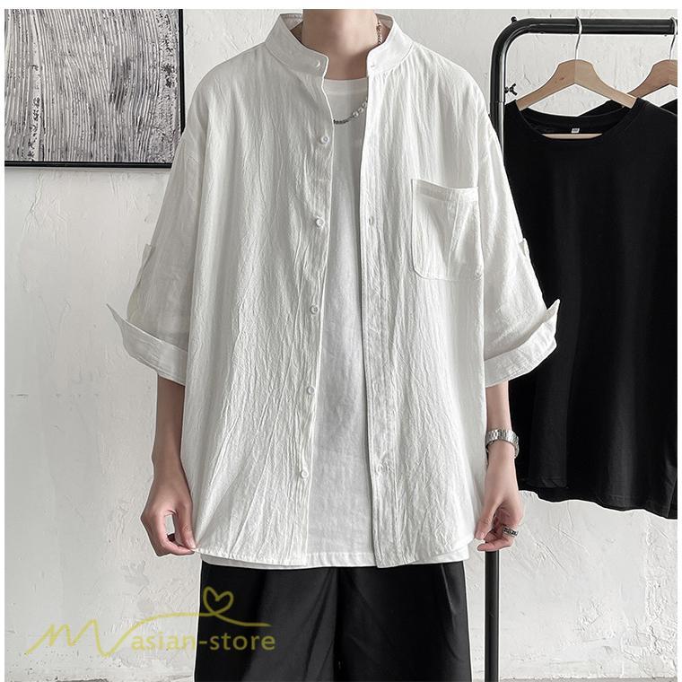シャツ | メンズ 夏コーデ 2021新作 ライトアウター 5分袖 7分袖 スタンドカラー 麻綿 無地 カッコイイ お出かけ カジュアルトップス 薄手 夏着 アウトドア