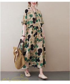 マキシ | Aラインワンピース レディース フリーサイズ 着痩せ プリント 5分袖 クルーネック 麻 綿 リネン 体型カバー ゆったり 薄手 サマーワンピース 夏コーデ