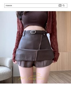 スカート | レザーボトムス ミニAライン 秋冬 レディース 革通勤 着痩せ フェイクレザー インナーパンツ付き ベルト付き ジッパー