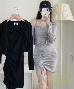 ミニ丈 | タイトワンピース カーディガン セットアップ ミニワンピース 伸縮性 無地 2点セット セクシー 大人 キャミソールワンピース 夏 キャザー レディース 秋物
