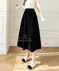 スカート | ロングミモレ丈 Aラインフレアビロードウエストゴム ハイウエスト 秋冬 無地 ゆったり 大人 通学通勤 エレガント