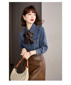 シャツ・ブラウス | デニムシャツ シャツ トップス レディース ブラウス デニム カジュアル リボン レトロ風 通勤 通学 オシャレ ナチュラル 上品 可愛い キレイめ 秋服 2022