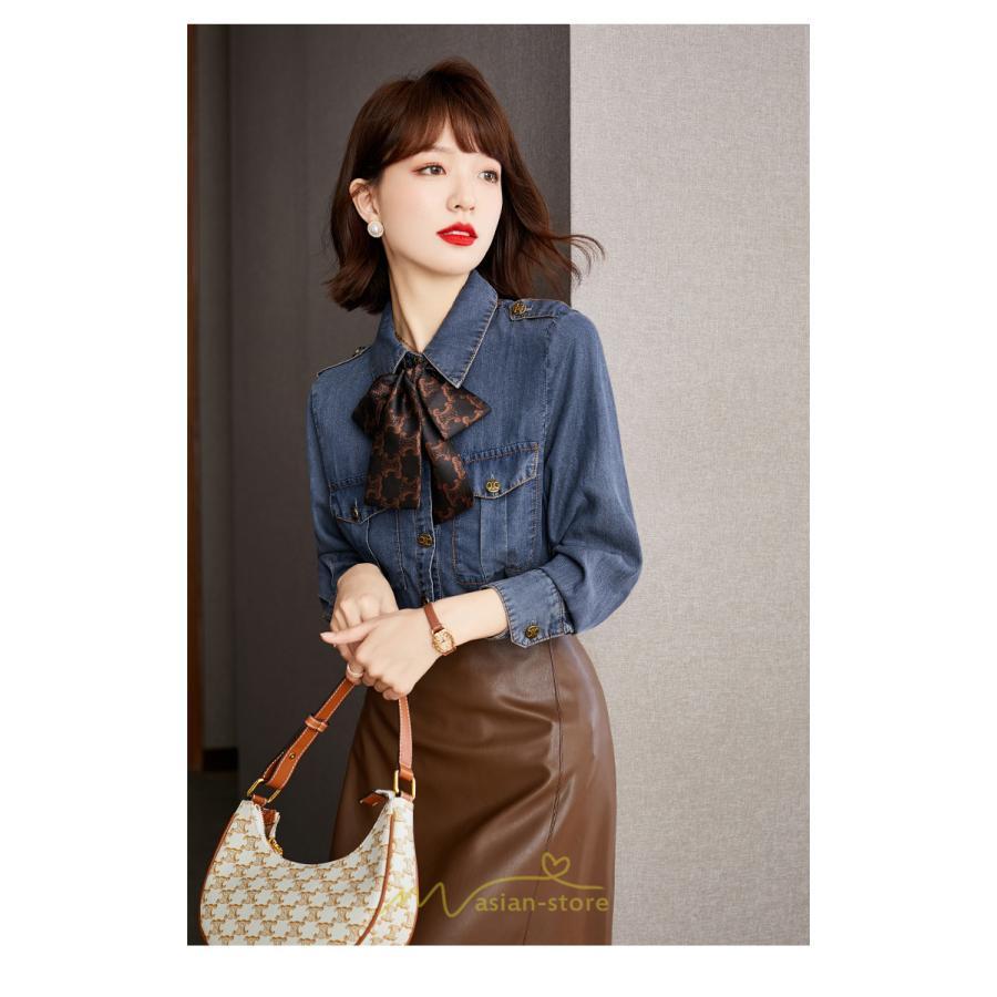 シャツ・ブラウス | デニムシャツ シャツ トップス レディース ブラウス デニム カジュアル リボン レトロ風 通勤 通学 オシャレ ナチュラル 上品 可愛い キレイめ 秋服 2022