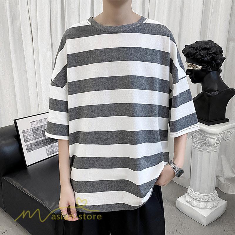 Tシャツ | カットソー 半袖トップス メンズボーダー カジュアル クルーネック ゆったり 夏新作 夏服 シンプル おしゃれ 大きいサイズ 5分袖