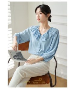シャツ・ブラウス | ブラウス レディース シャツ おしゃれ きれいめ 七分袖ブラウス カジュアル 無地 フォーマル オフィス 夏物 エレガント Vネック ライトブルー 通勤 ビジネス