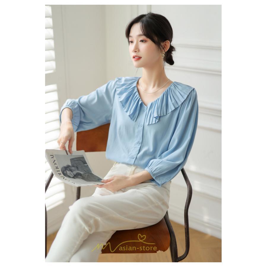 シャツ・ブラウス | ブラウス レディース シャツ おしゃれ きれいめ 七分袖ブラウス カジュアル 無地 フォーマル オフィス 夏物 エレガント Vネック ライトブルー 通勤 ビジネス