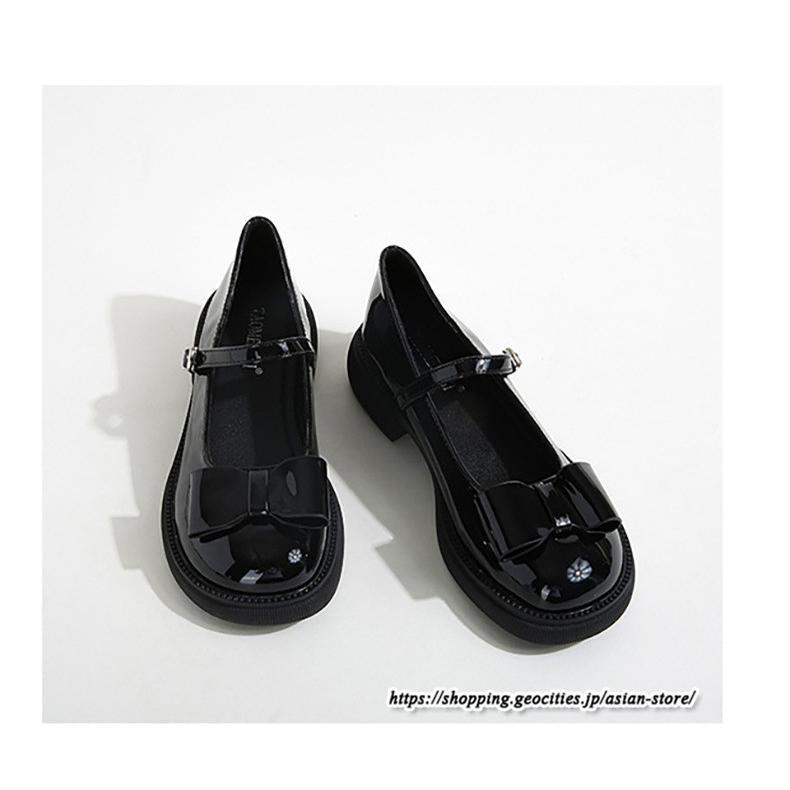 パンプス | ラウンドトゥ ストラップ 厚底 レディースシューズ 太ヒール ぺたんこ ベーシック 黒白蝶 無地 靴 26.5cm 上品 大きいサイズ 大人