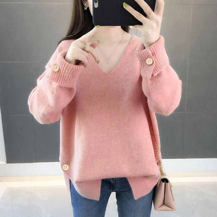 ニット・セーター | Vネック ニット ニットトップス プルオーバー 無地 ニットセーター スリット入り 秋冬 ニットソー レディース