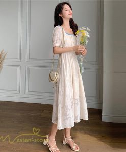 ミディアム | ワンピース レディース 着痩せ スクエアネック 上品 可愛い 半袖 ハイウエスト 透け感 Aラインワンピース 韓国風 20代 お出かけ 通勤通学 30代 きれいめ 40代