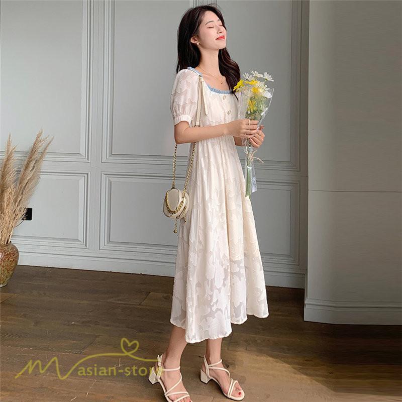 ミディアム | ワンピース レディース 着痩せ スクエアネック 上品 可愛い 半袖 ハイウエスト 透け感 Aラインワンピース 韓国風 20代 お出かけ 通勤通学 30代 きれいめ 40代