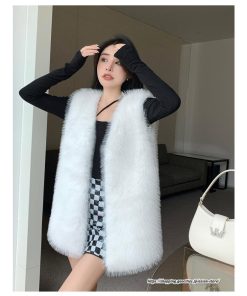 ベスト | ファーレディース 秋冬 ミドル丈 アウター ジレ 羽織り 前開き カーディガン フェイクファー コーデ ノーカラー 送料無料 秋物 冬服 袖なし