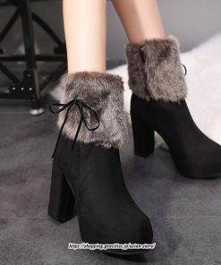 ブーツ | ショートレディース 10cmハイヒール ファー 冬用 保温防寒 太めヒール サイドジッパー あったか 痛くない オシャレ 冬靴 痛くない 歩きやすい