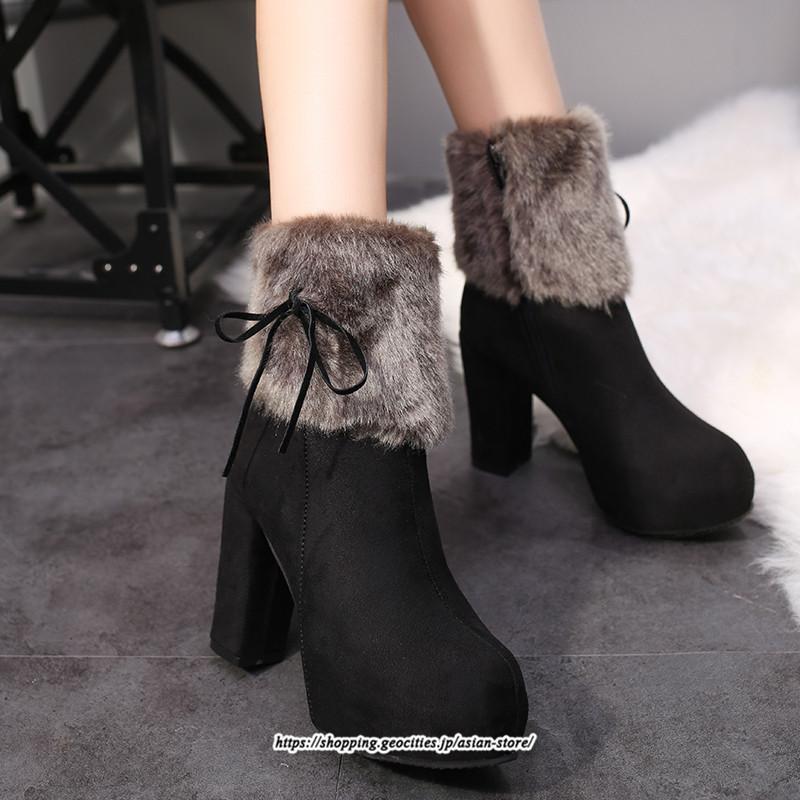 ブーツ | ショートレディース 10cmハイヒール ファー 冬用 保温防寒 太めヒール サイドジッパー あったか 痛くない オシャレ 冬靴 痛くない 歩きやすい