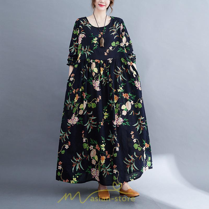 マキシ | 長袖ワンピース 秋物 レディース ロングワンピース 花柄 夏 30代40代 大人 秋ワンピース 新作 ワンピース Aラインワンピ ゆったり 旅行 広い裾 可愛い 揺れる