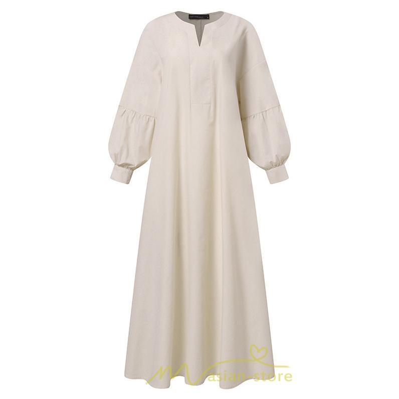マキシ | 秋ワンピース 長袖ワンピース レディース 秋物 ワンピース 綿麻風 パフスリーブ ボリューム袖 無地 大きめ Vネック フレアワンピース ロングワンピース