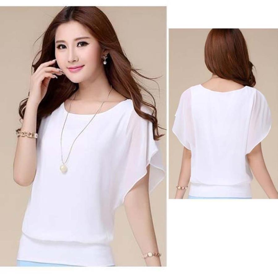 シャツ・ブラウス | レディース シフォンブラウス 半袖 無地 ラウンドネック ドルマンスリーブ トップス