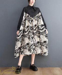 シャツワンピース | 長袖 ミディアムワンピース 切り替え ゆったり フリーサイズ 体型カバー 秋コーデ カジュアル 上品 大人 ワンピース ひざ丈 オーバーサイズ