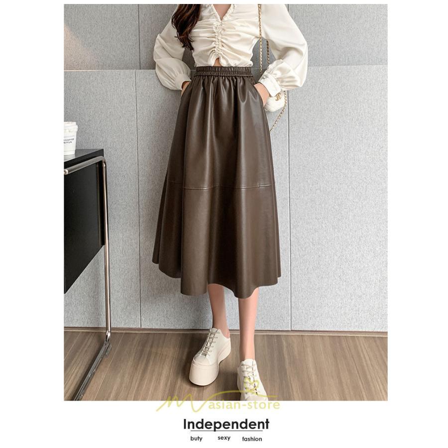 スカート | フレア革レザーボトムス ロングフレアAライン 秋冬 レディース ボトムス 通勤 大人気 キレイめ 着痩せ