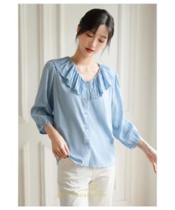 シャツ・ブラウス | ブラウス レディース シャツ おしゃれ きれいめ 七分袖ブラウス カジュアル 無地 フォーマル オフィス 夏物 エレガント Vネック ライトブルー 通勤 ビジネス