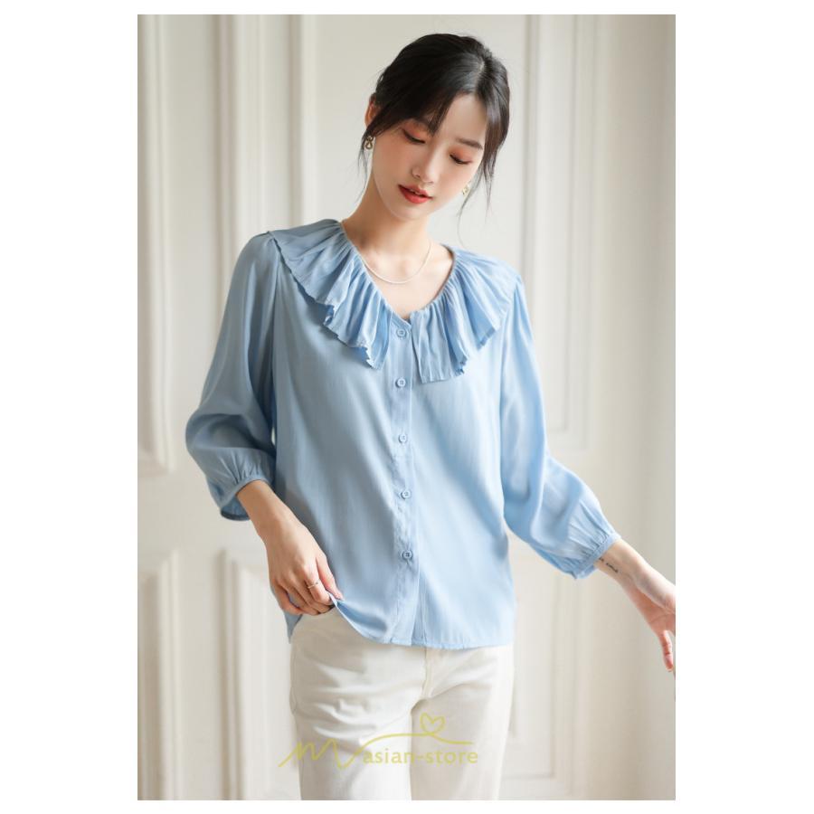 シャツ・ブラウス | ブラウス レディース シャツ おしゃれ きれいめ 七分袖ブラウス カジュアル 無地 フォーマル オフィス 夏物 エレガント Vネック ライトブルー 通勤 ビジネス