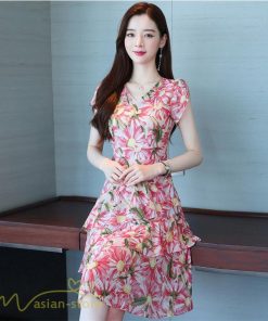 ミディアム | ワンピース レディース Vネック 半袖 花柄 おしゃれ Aライン ミディアムワンピース 着やせ エレガント 大きいサイズ 上品 膝丈 20代 30代 大人 40代