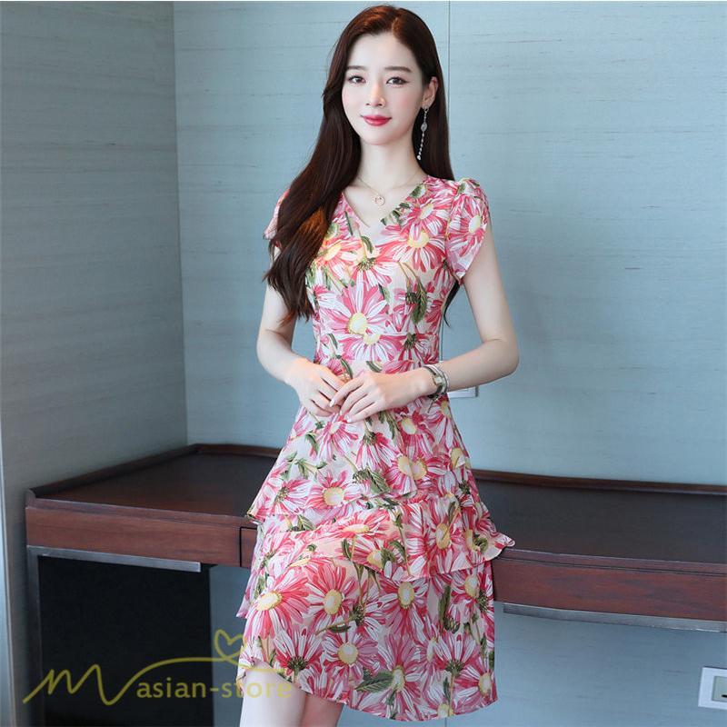 ミディアム | ワンピース レディース Vネック 半袖 花柄 おしゃれ Aライン ミディアムワンピース 着やせ エレガント 大きいサイズ 上品 膝丈 20代 30代 大人 40代