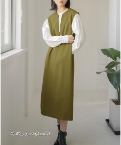 マキシ | ベストワンピース ラシャベスト ラシャワンピース ロング丈 ノースリーブ 袖なし レディース ロングベスト ワンピース 無地 大人 ラシャ スリット ポケット