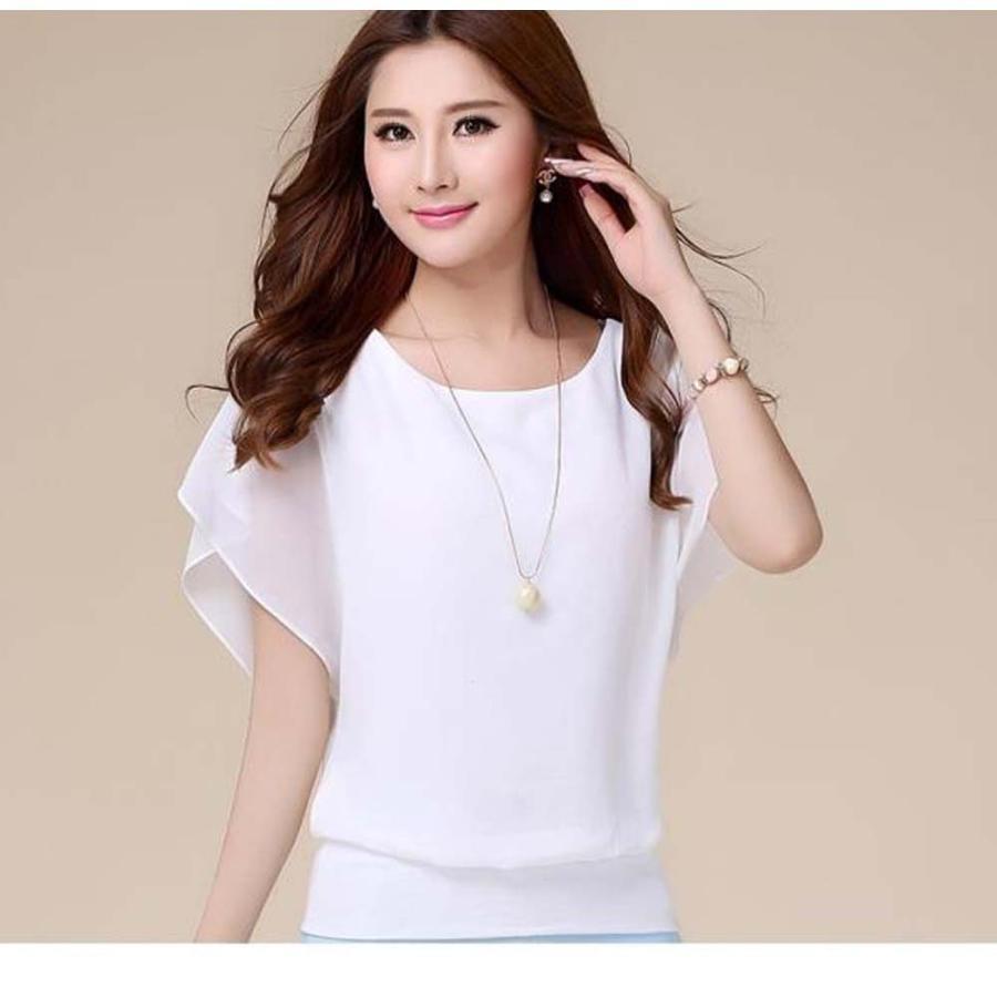 シャツ・ブラウス | レディース シフォンブラウス 半袖 無地 ラウンドネック ドルマンスリーブ トップス