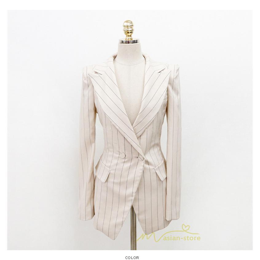 セットアップ | ワンピーススーツ セレモニー スーツ ママ オフィス 通勤用 フォーマル 長袖ジャケット+ノースリーブワンピース レディース 結婚式 ストライプ柄 2点セット