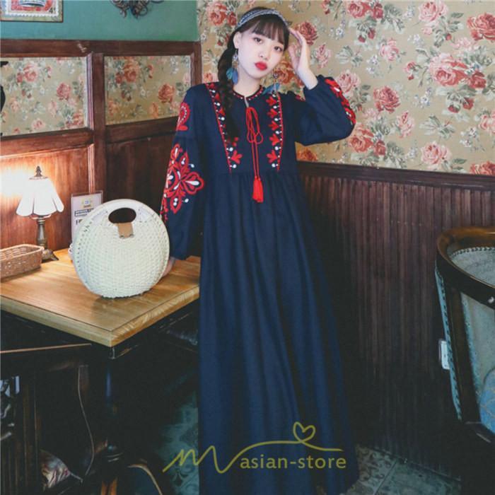 マキシ | 花柄ワンピース 丸首 リゾート ワンピース レディース 長袖 夏秋 ロング丈 マキシ丈 大人 上品 刺繍 綿麻 二次会 女子会 旅行 お出かけ コットン バカンス