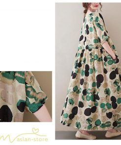 マキシ | Aラインワンピース レディース フリーサイズ 着痩せ プリント 5分袖 クルーネック 麻 綿 リネン 体型カバー ゆったり 薄手 サマーワンピース 夏コーデ