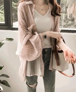 カーディガン | シフォンシャツブラウス 長袖 透け感 冷房対策 日焼け防止 無地 羽織り 体型カバー 大人 通学通勤 夏秋 トレンド フェミニン