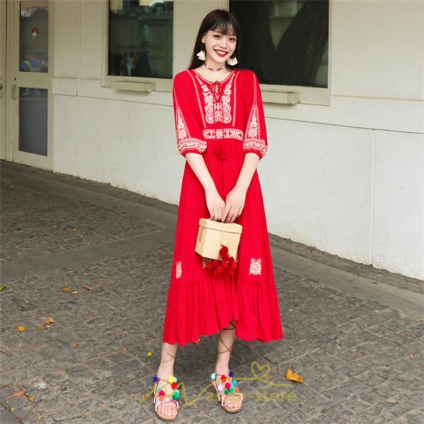 マキシ | ワンピース きれいめ レディース 夏 秋 ロング 上品 大人 七分袖 お出かけ 高見え 赤 白 黄色 上質 20代 50代 40代 ゆったり リゾート 30代 旅行 体型隠し