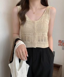 透かし編みトップス | 透かし編み タンクトップ スクエアネック