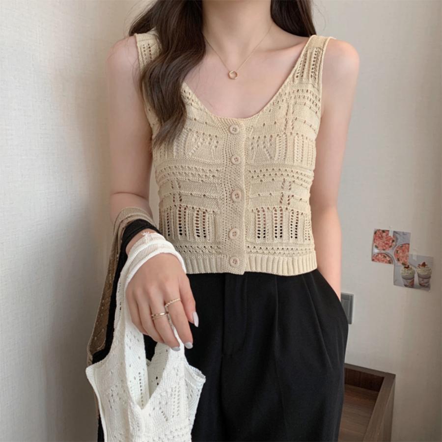 透かし編みトップス | 透かし編み タンクトップ スクエアネック