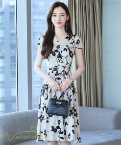 ミディアム | ワンピース 膝丈 カジュアル レディース 花柄 半袖 ｖネック ミディアムワンピイース Aラインワンピース 上品 夏 20代 サマーワンピース 40代 30代 きれいめ